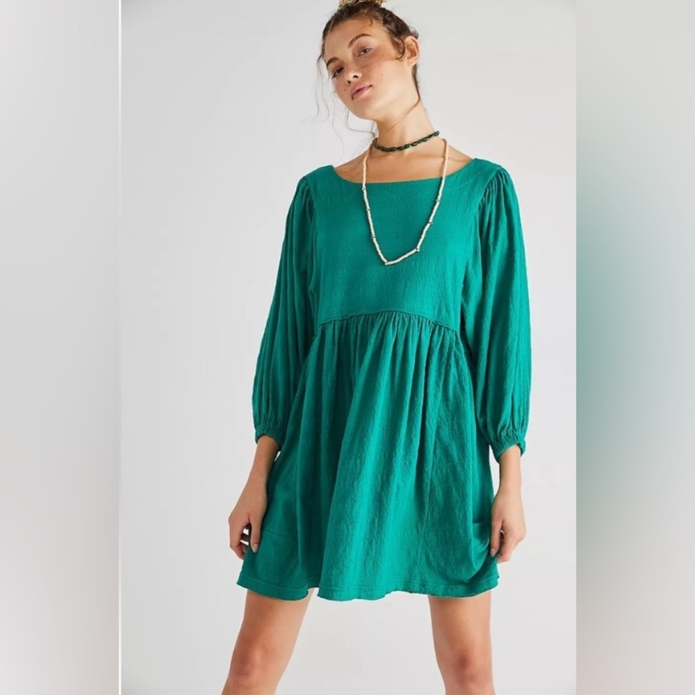 EUC Free People Beach Get Obsessed Babydoll Mini Dress Emerald Waters S - Picture 3 of 11